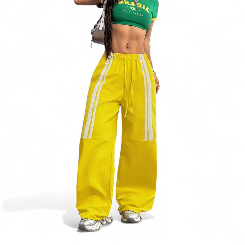 LOW WAIST YELLOW TRACK PANTS – STRAIGHT LEG SIDE STRIPE STREETWEAR