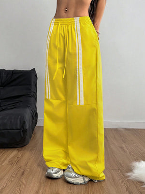 LOW WAIST YELLOW TRACK PANTS – STRAIGHT LEG SIDE STRIPE STREETWEAR