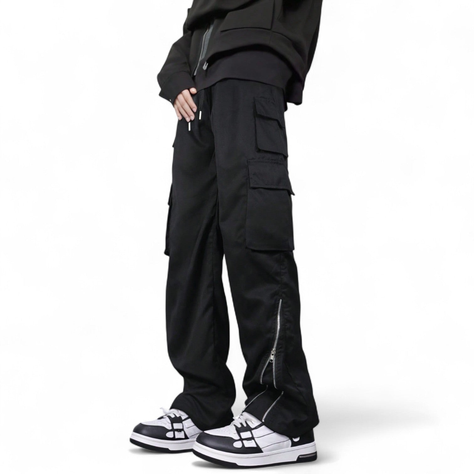 Men’s Japanese streetwear black cargo pants with zippers and drawstring waist