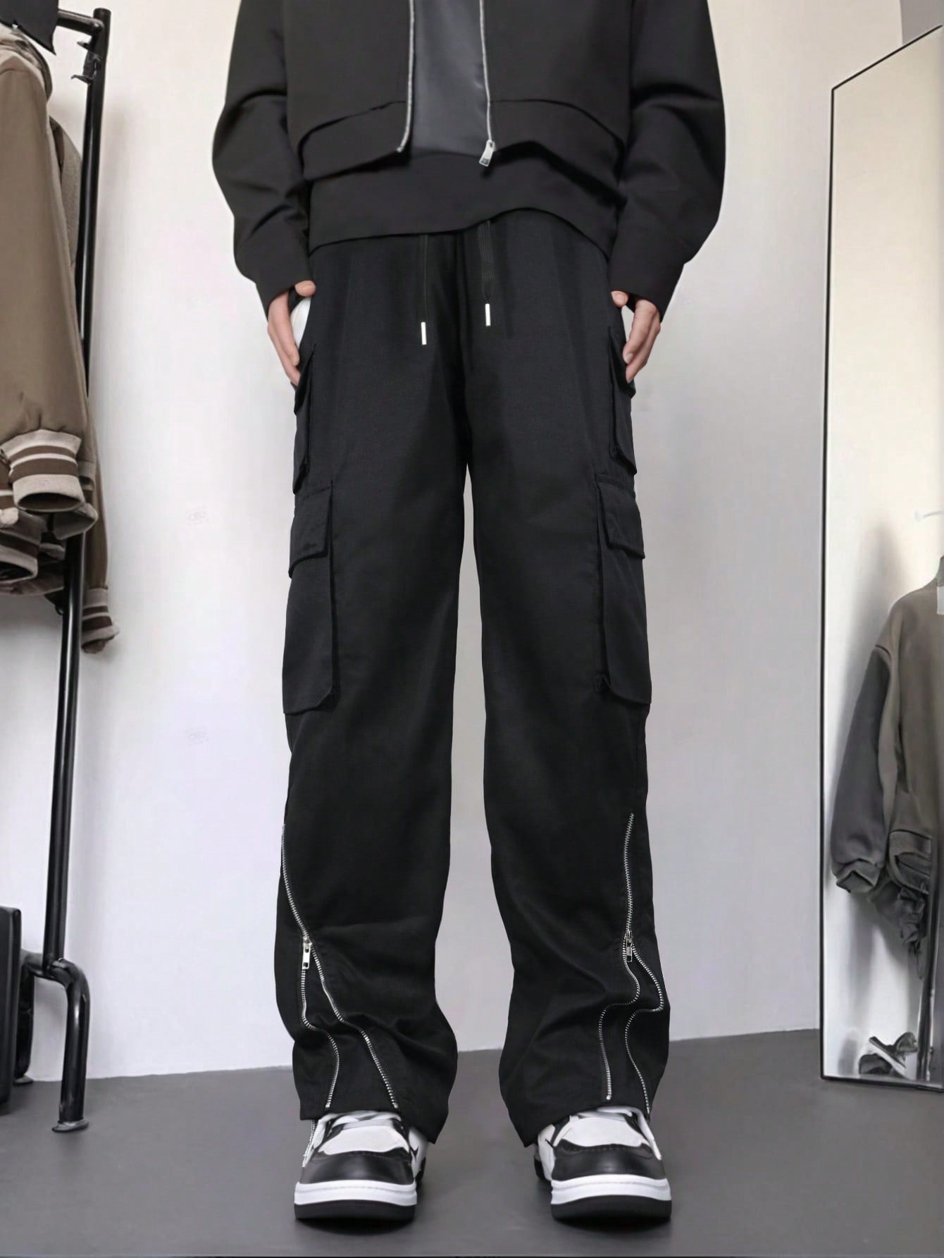 Men’s Japanese streetwear black cargo pants with zippers and drawstring waist