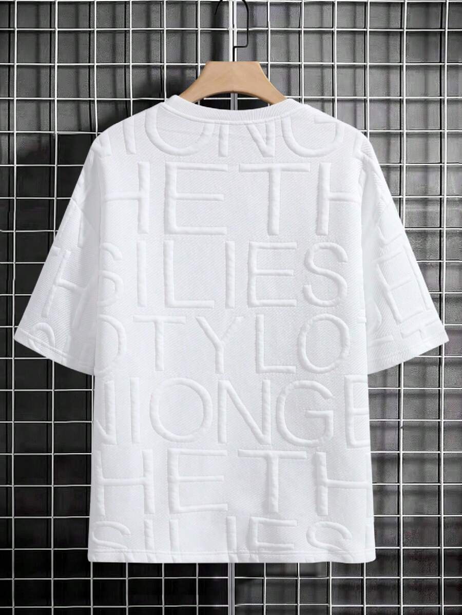 Japanese streetwear embossed letter tee white oversized drop shoulder t-shirt Harajuku fashion
