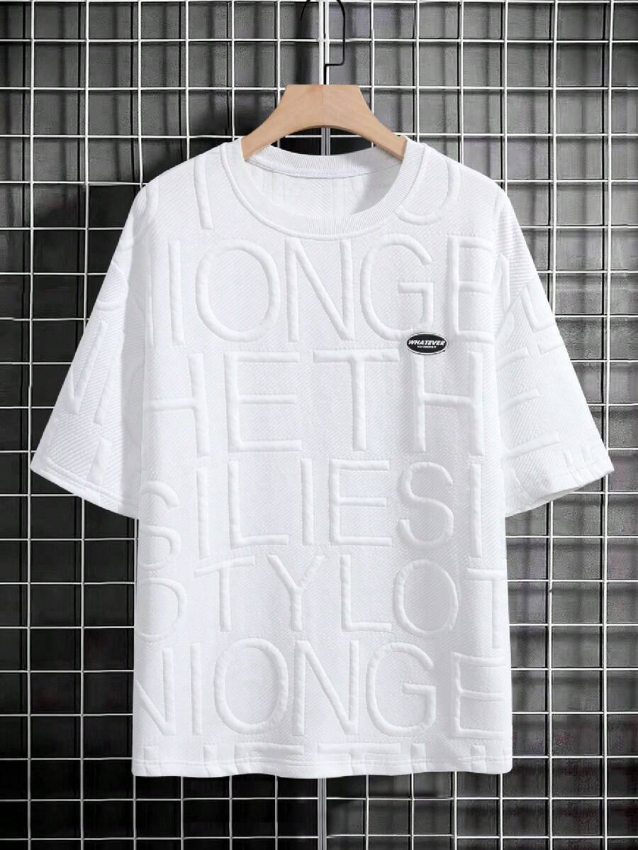 Japanese streetwear embossed letter tee white oversized drop shoulder t-shirt Harajuku fashion