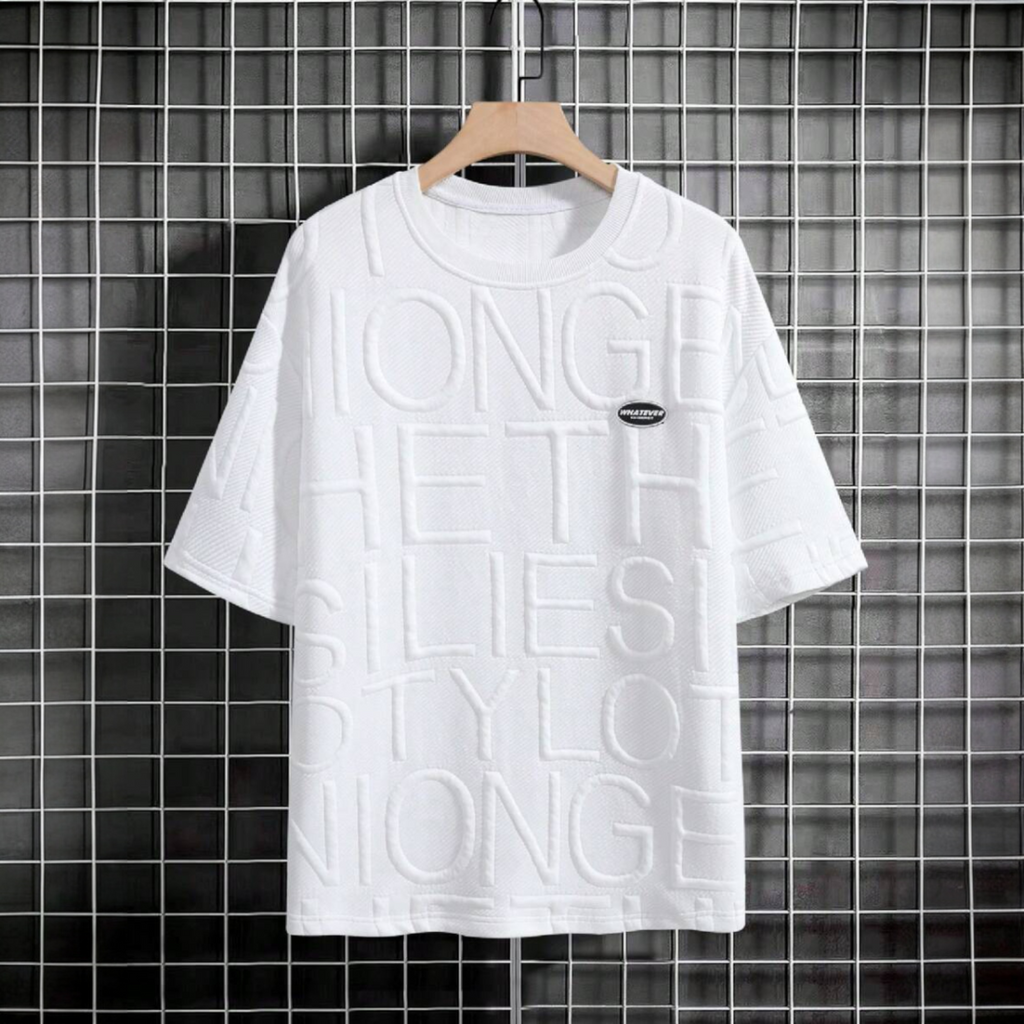 Japanese streetwear embossed letter tee white oversized drop shoulder t-shirt Harajuku fashion
