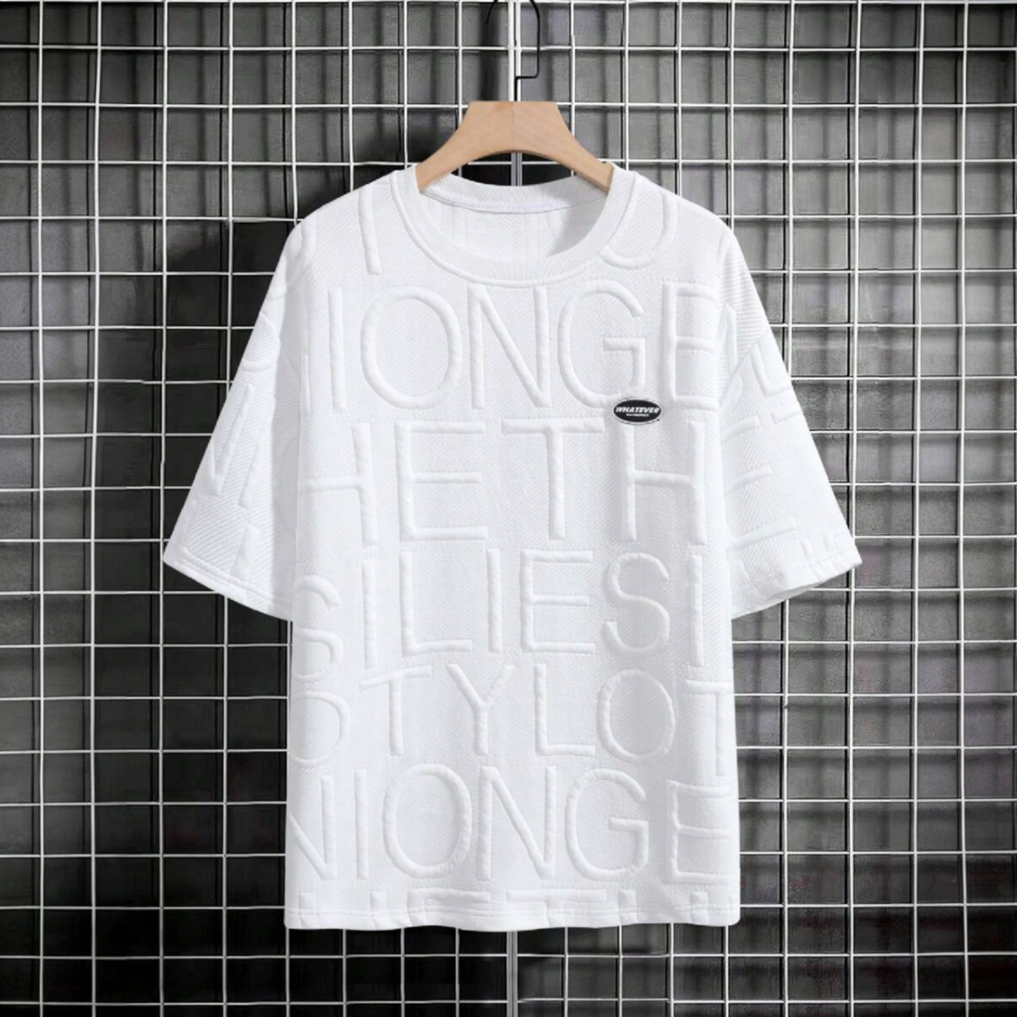 Japanese streetwear embossed letter tee white oversized drop shoulder t-shirt Harajuku fashion