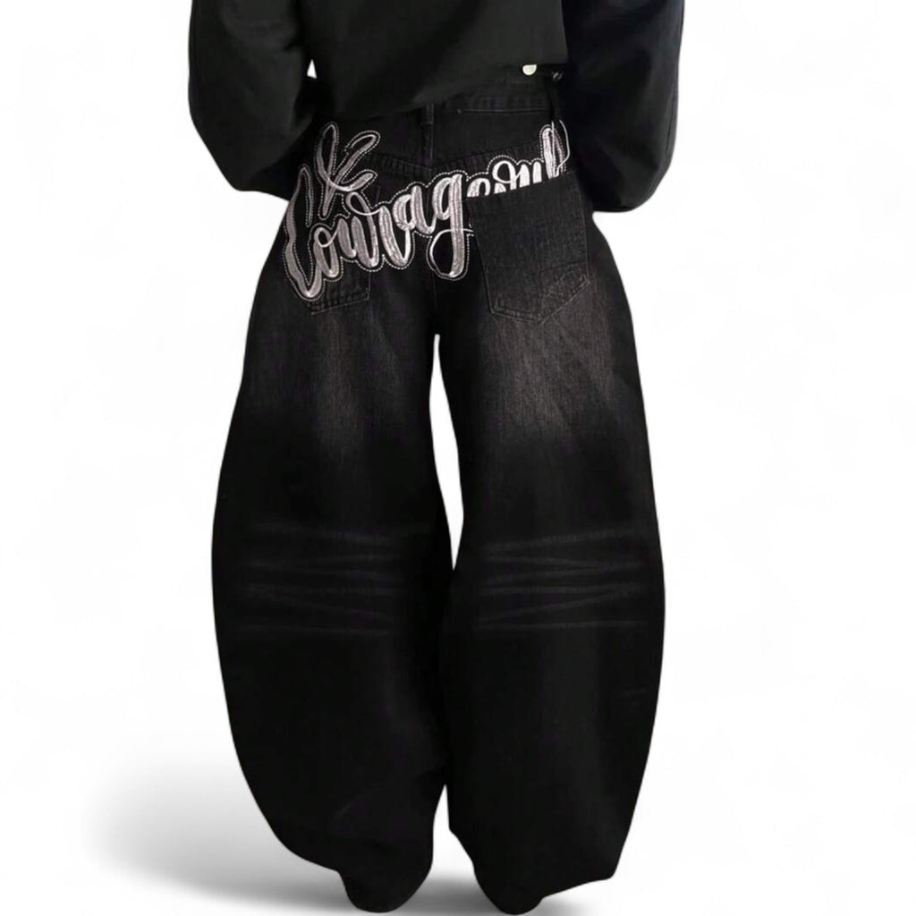 Japanese streetwear embroidered wide leg jeans black courageous hip hop oversized denim pants
