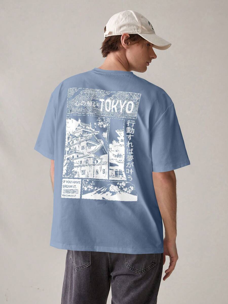 Tokyo oversized streetwear T-shirt with Japanese graphic print, slogan, and loose drop-shoulder fit