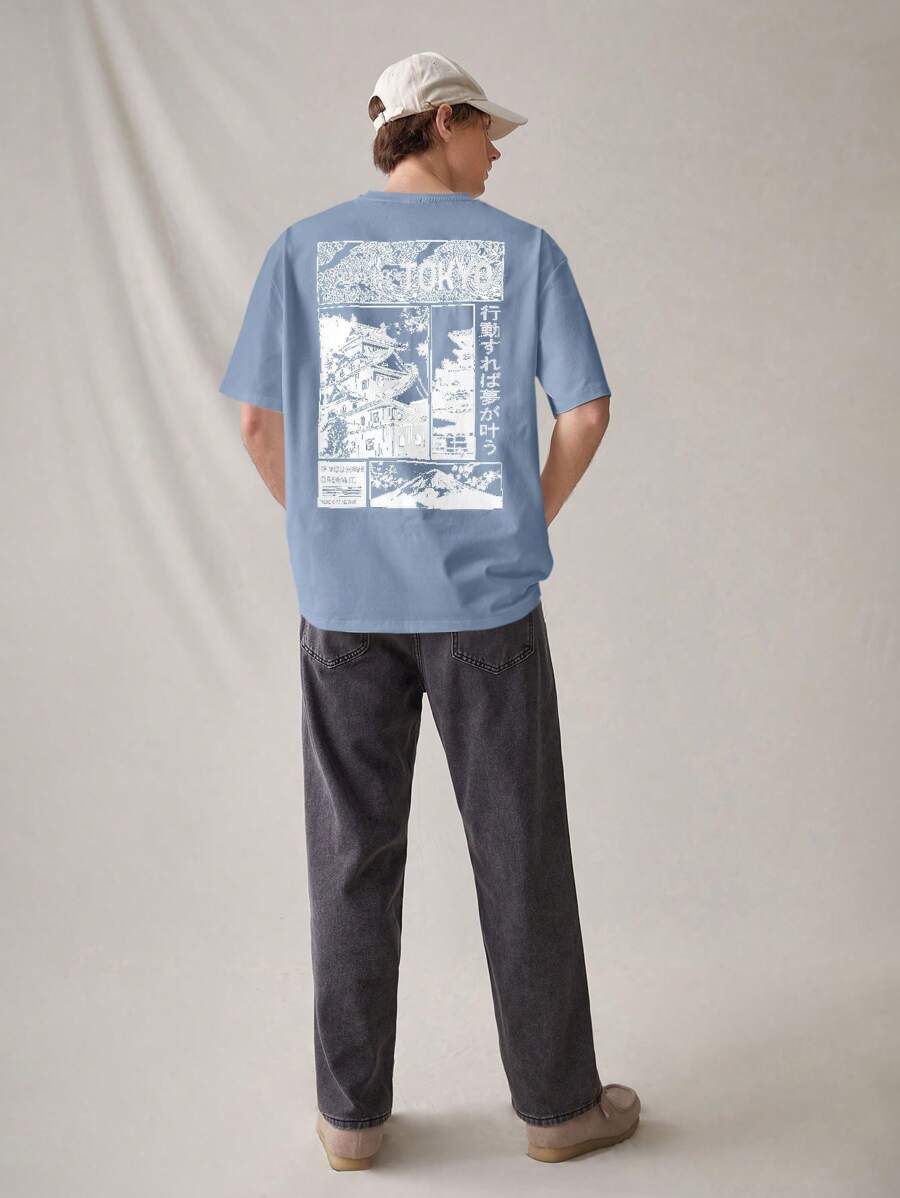 Tokyo oversized streetwear T-shirt with Japanese graphic print, slogan, and loose drop-shoulder fit