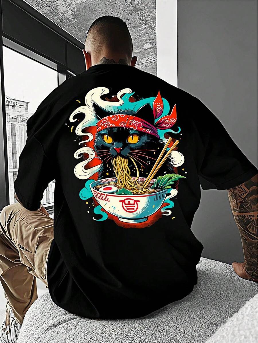 Black streetwear t-shirt with cartoon black cat eating ramen – anime graphic tee for spring summer