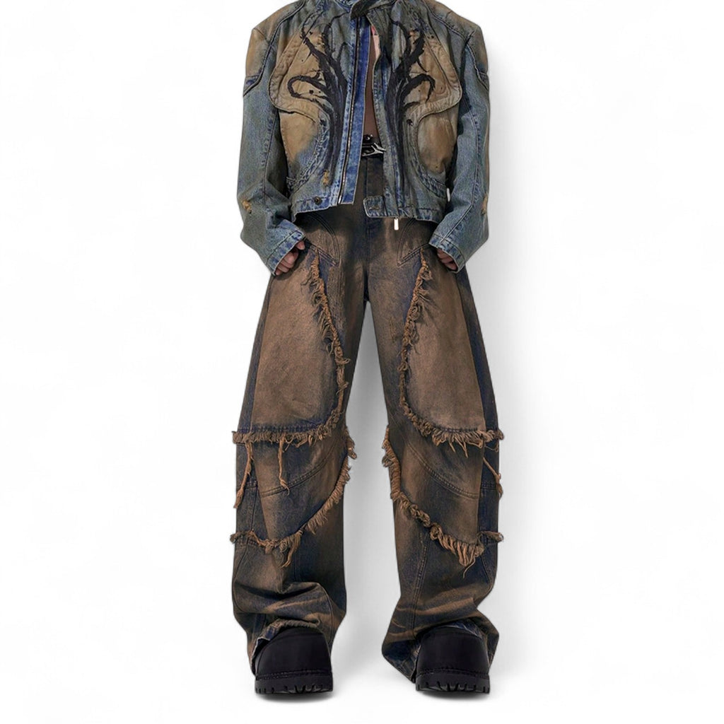 Post-apocalyptic distressed denim wide leg pants with raw seams, loose fit cyberpunk streetwear style

