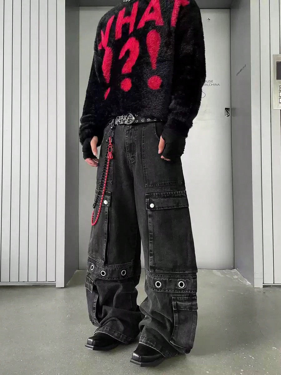Japanese streetwear wide leg cargo jeans black hip hop oversized denim pants with grommet details