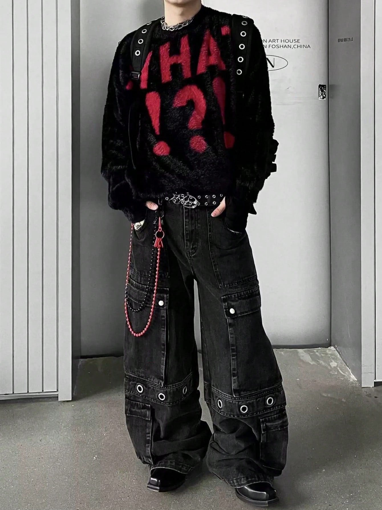 Japanese streetwear wide leg cargo jeans black hip hop oversized denim pants with grommet details