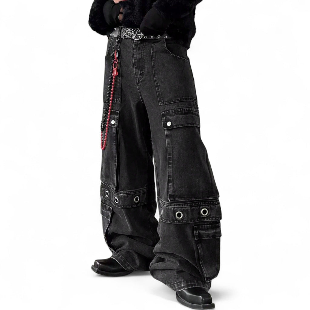 Japanese streetwear wide leg cargo jeans black hip hop oversized denim pants with grommet details