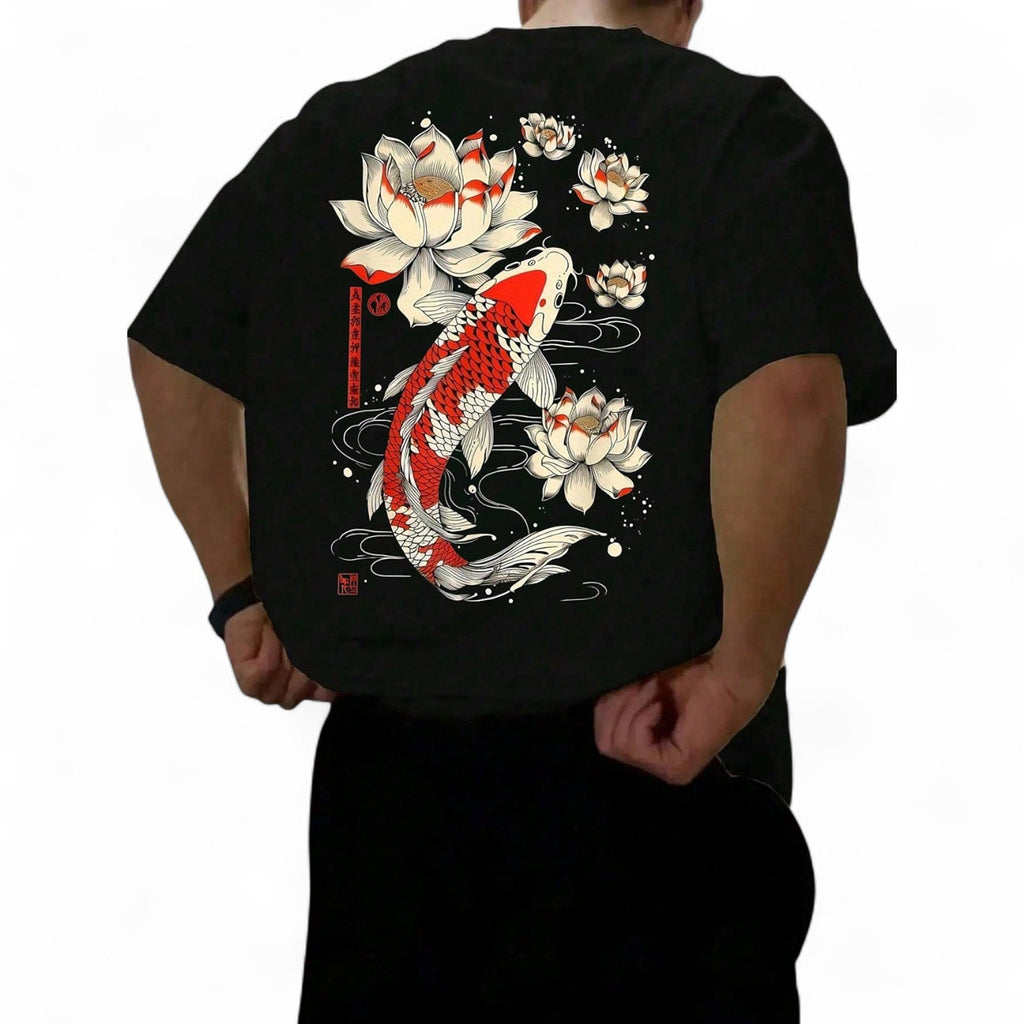 KOI FISH & LOTUS FLOWER TEE – JAPANESE STREETWEAR DROP SHOULDER T-SHIRT