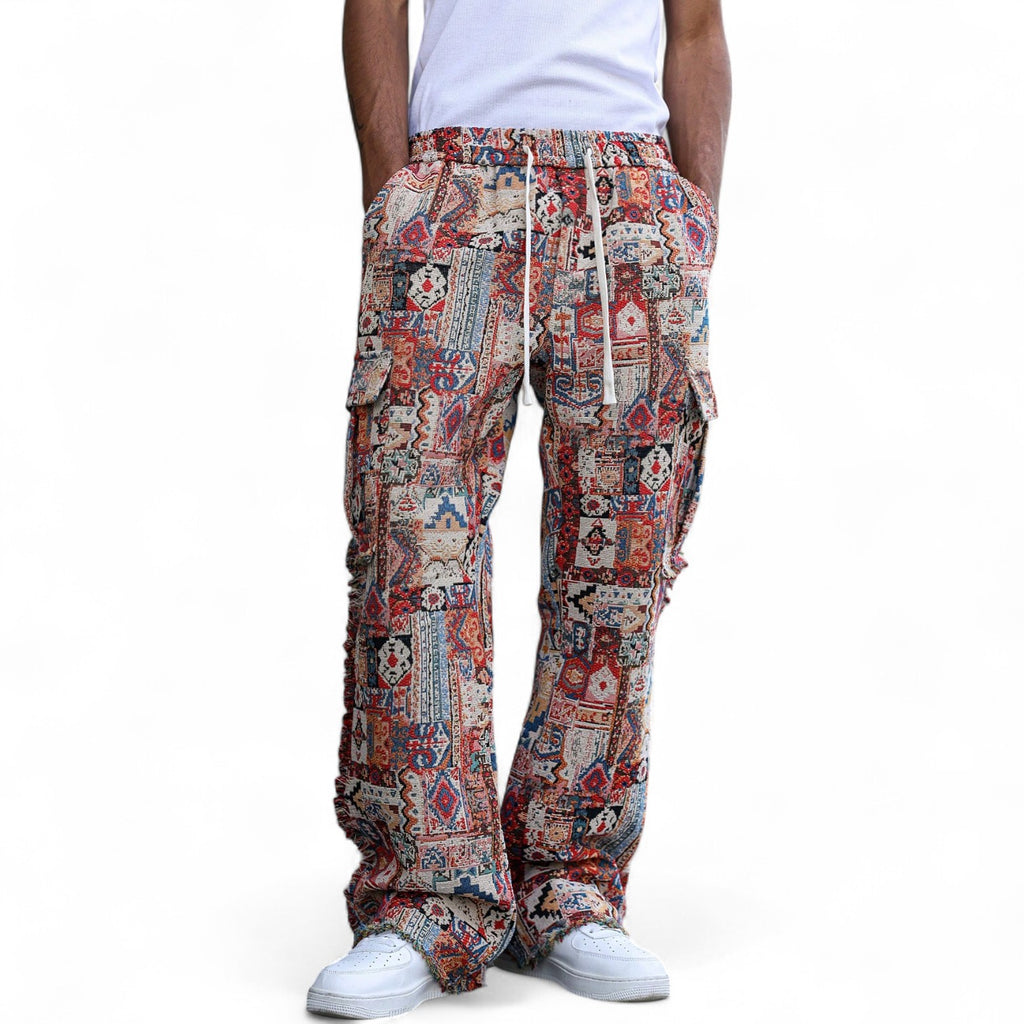 Boho patchwork flare pants with vintage tapestry print and drawstring waist – men streetwear style