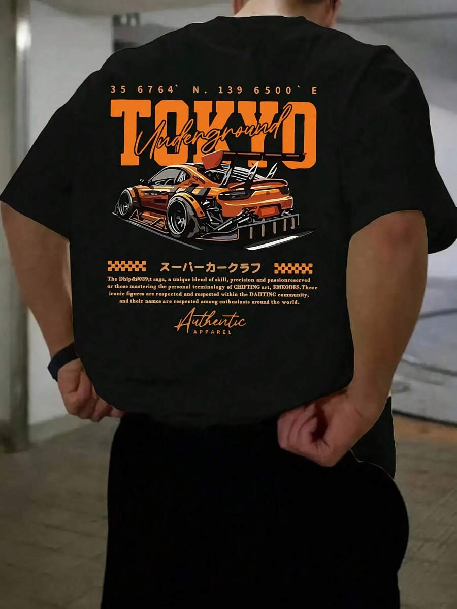 Black Tokyo Underground car t-shirt with drift car graphic and Japanese text – hip-hop streetwear style