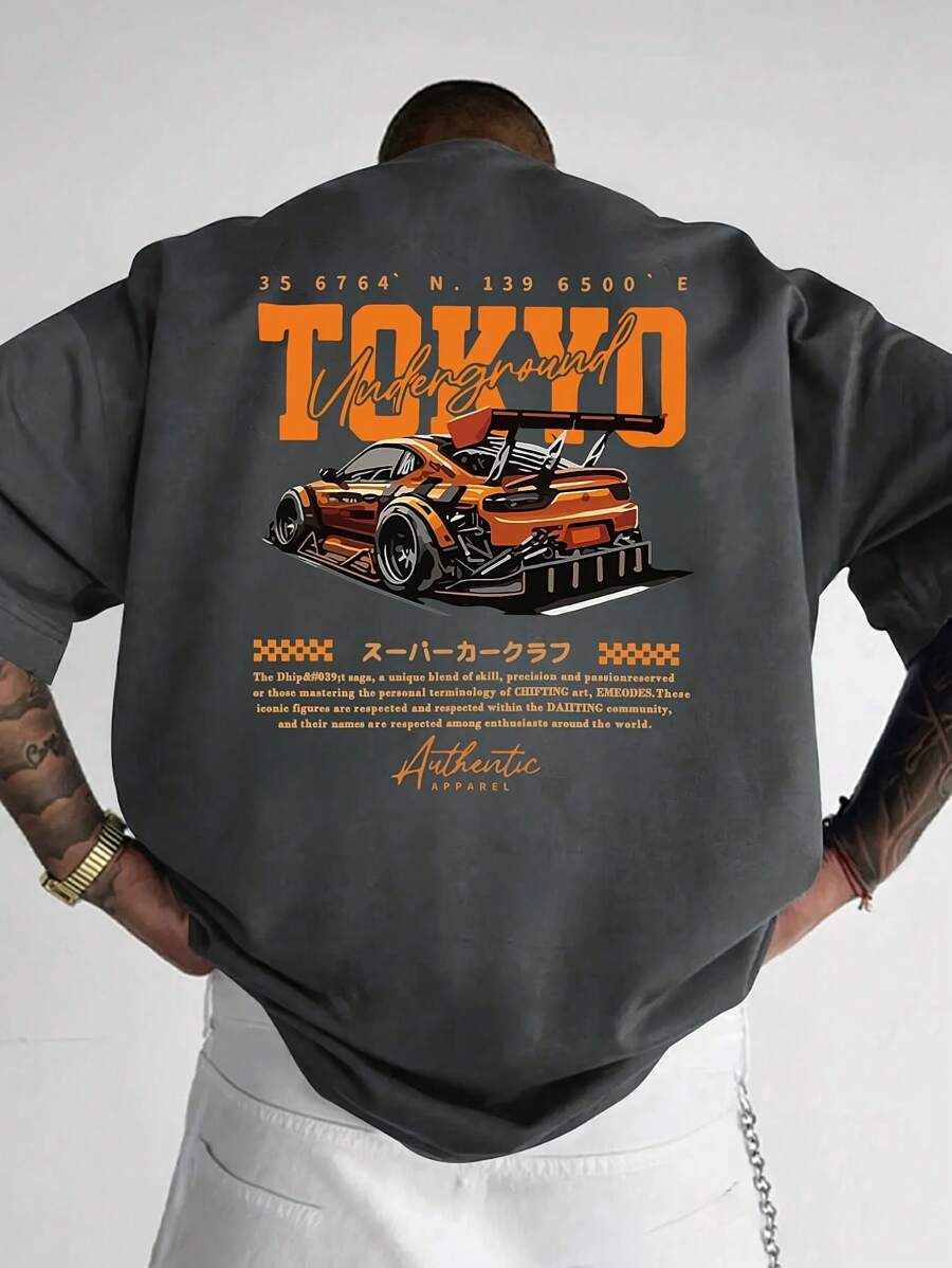 Dark Grey Tokyo Underground car t-shirt with drift car graphic and Japanese text – hip-hop streetwear style