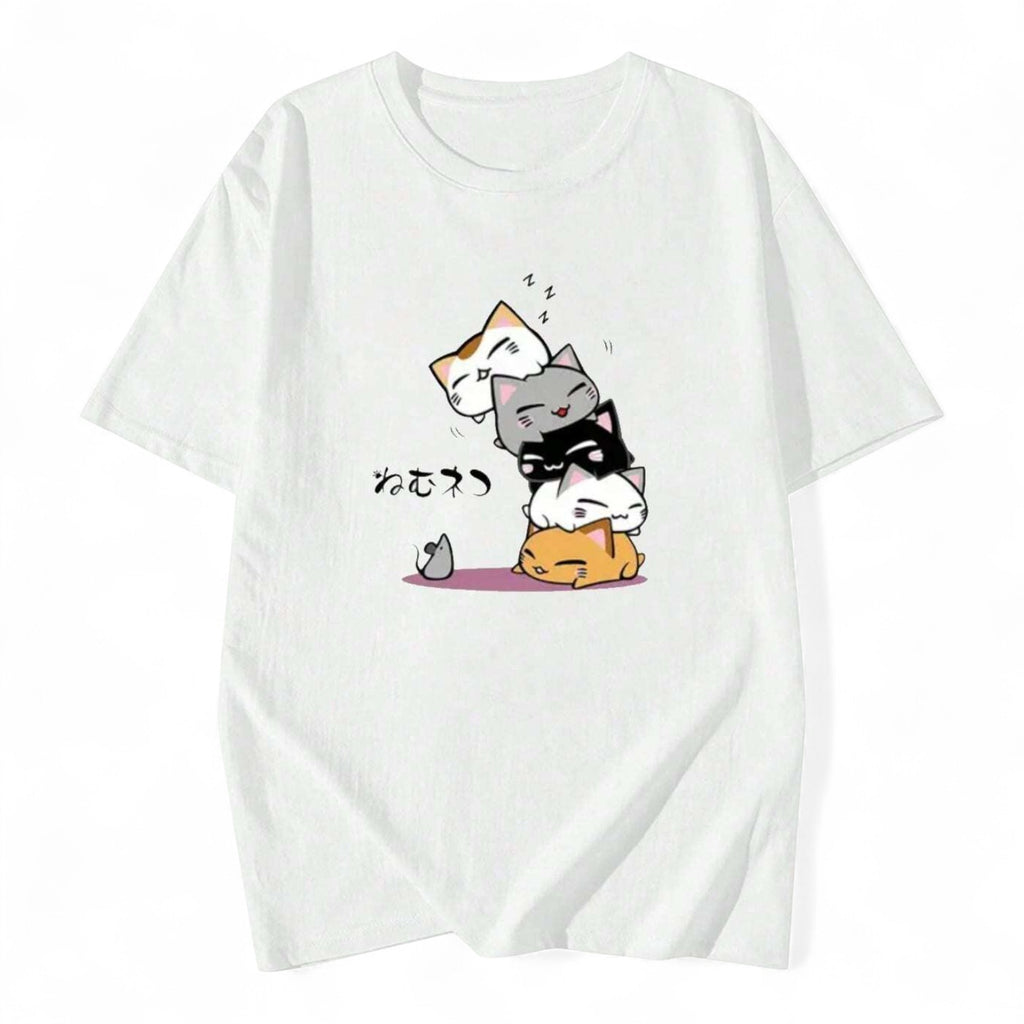 STACKED SLEEPY CATS JAPANESE T-SHIRT – KAWAII WHITE STREETWEAR

