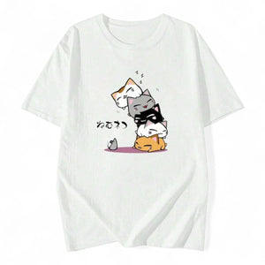 STACKED SLEEPY CATS JAPANESE T-SHIRT – KAWAII WHITE STREETWEAR

