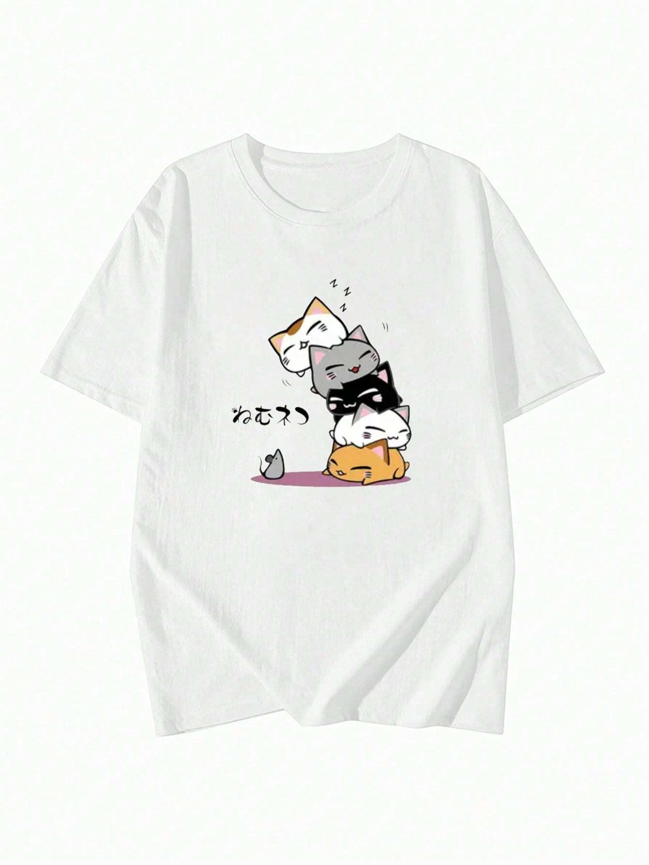 STACKED SLEEPY CATS JAPANESE T-SHIRT – KAWAII WHITE STREETWEAR

