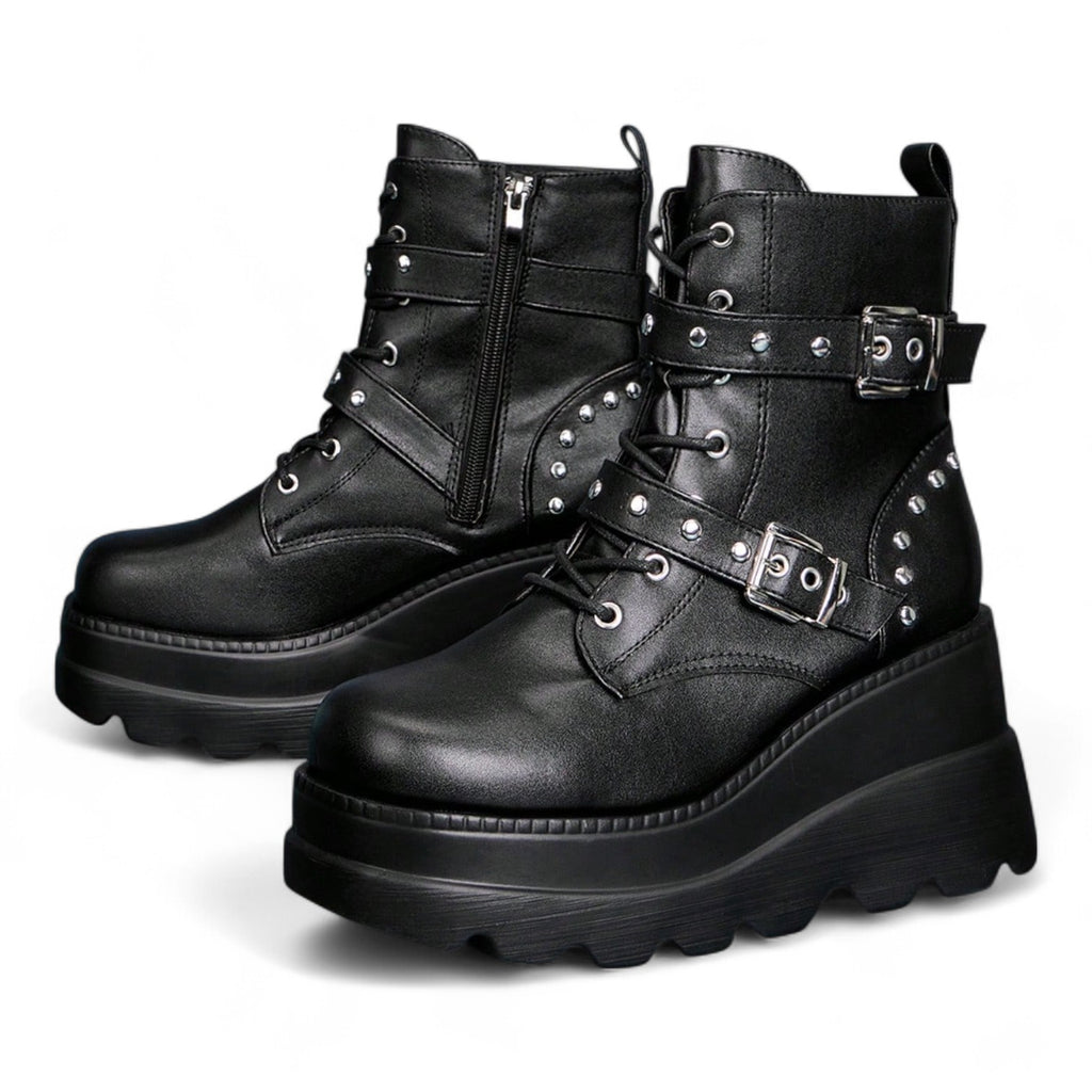 BLACK GOTH WEDGE BOOTS – STUDDED PLATFORM ANKLE STYLE

