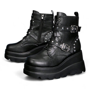 BLACK GOTH WEDGE BOOTS – STUDDED PLATFORM ANKLE STYLE

