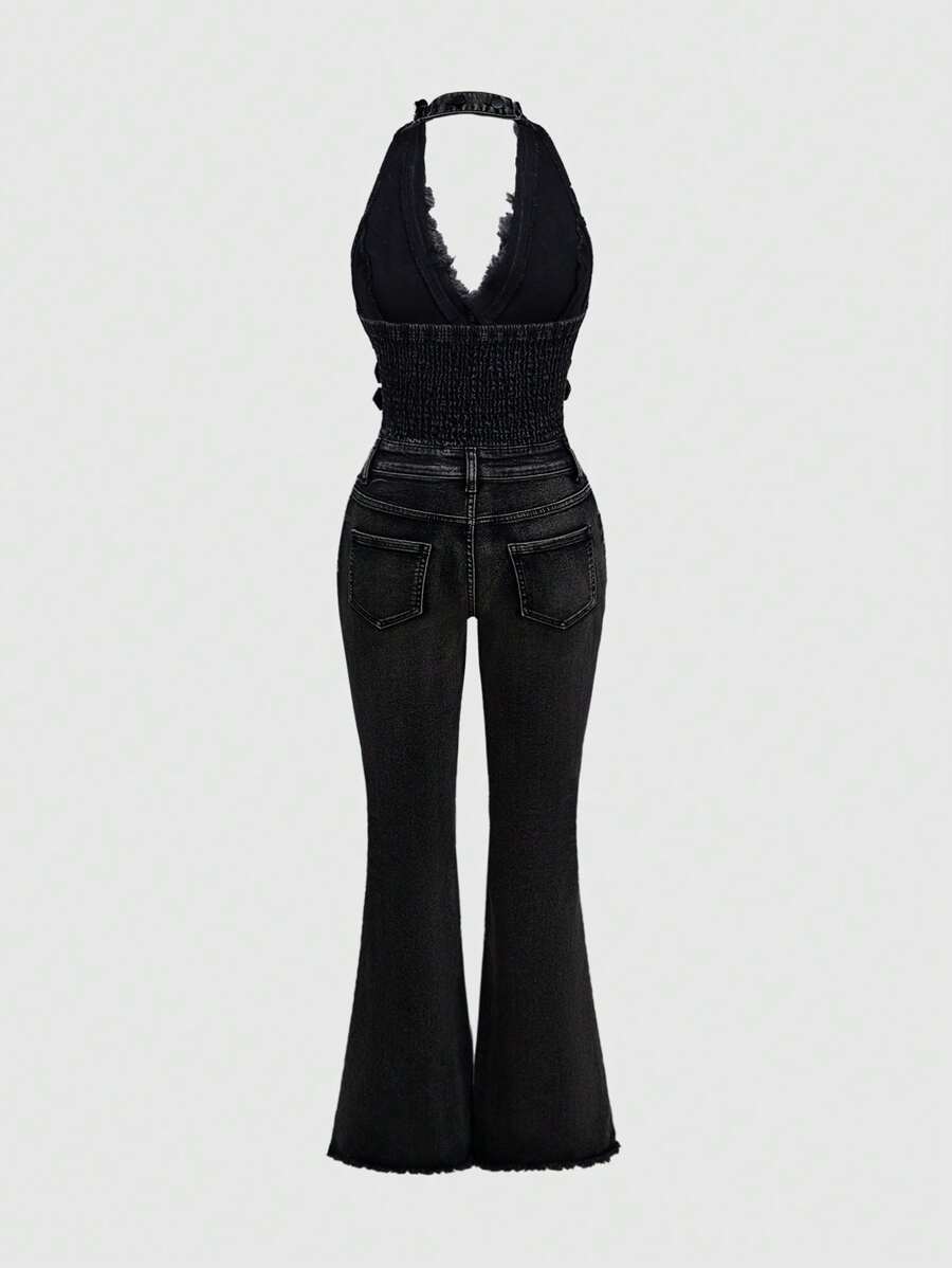 Black backless halter denim jumpsuit with belted waist and flared legs – gothic one-piece streetwear for women