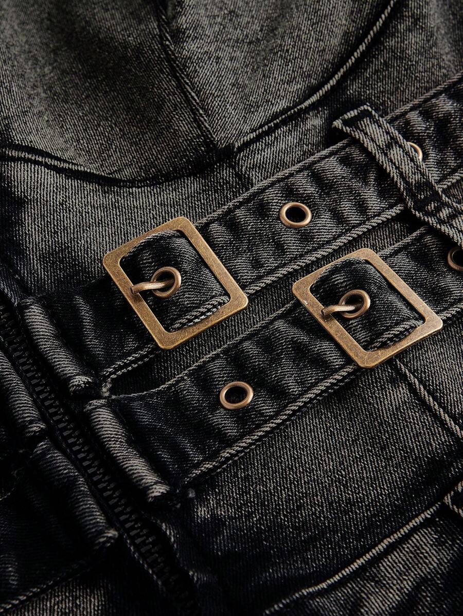 Black backless halter denim jumpsuit with belted waist and flared legs – gothic one-piece streetwear for women