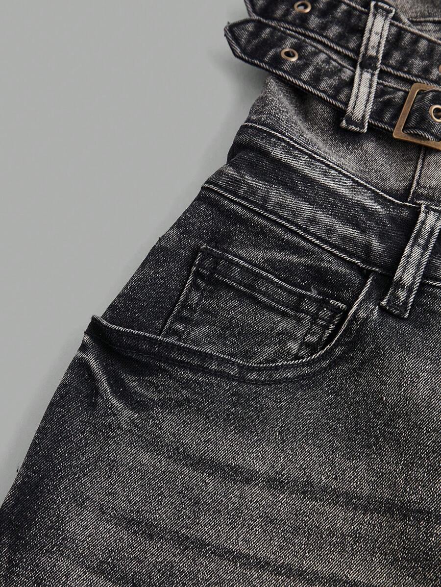 Black backless halter denim jumpsuit with belted waist and flared legs – gothic one-piece streetwear for women