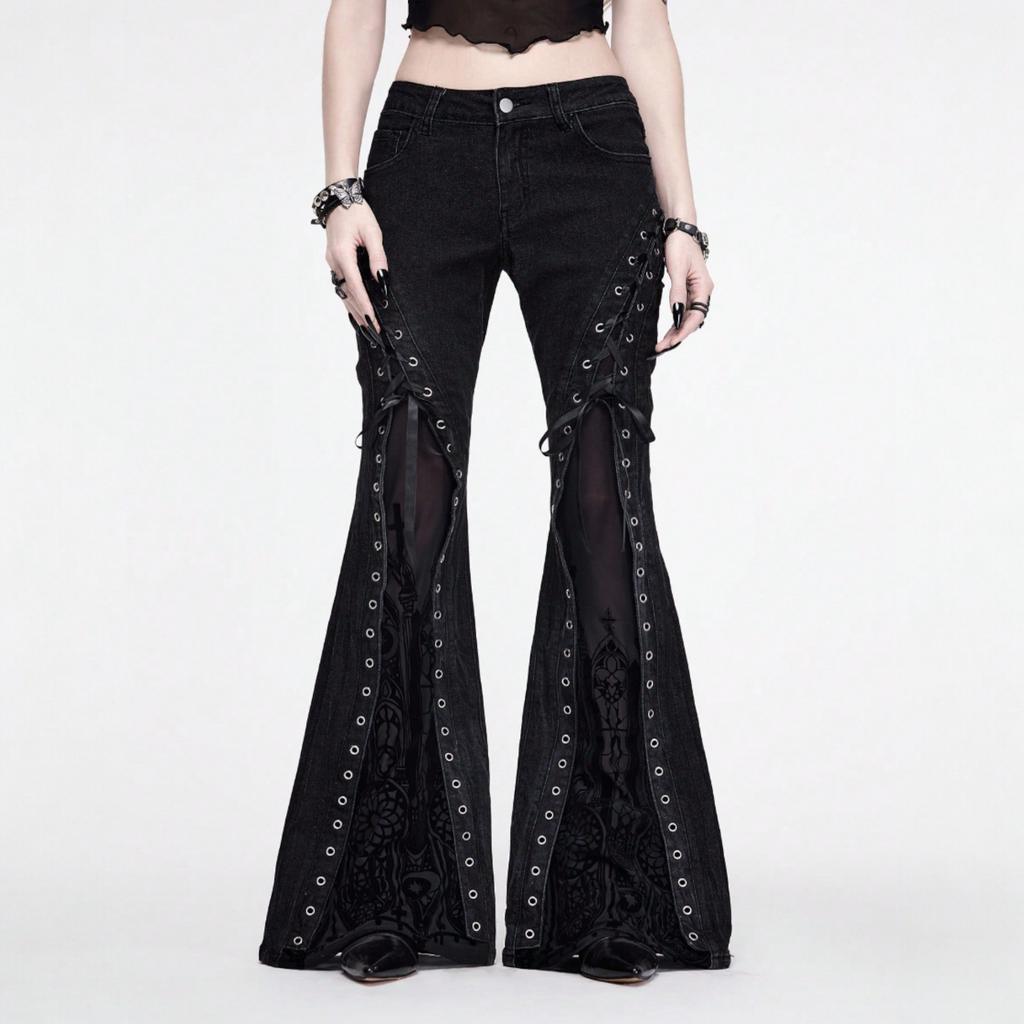 Japanese streetwear gothic lace-up flare jeans in black denim with mesh panels and eyelet details