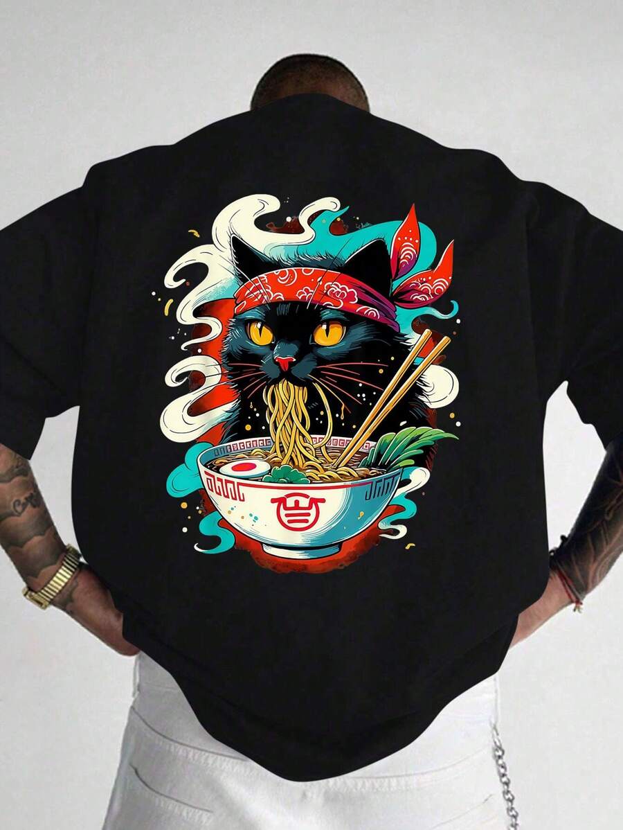 Black streetwear t-shirt with cartoon black cat eating ramen – anime graphic tee for spring summer