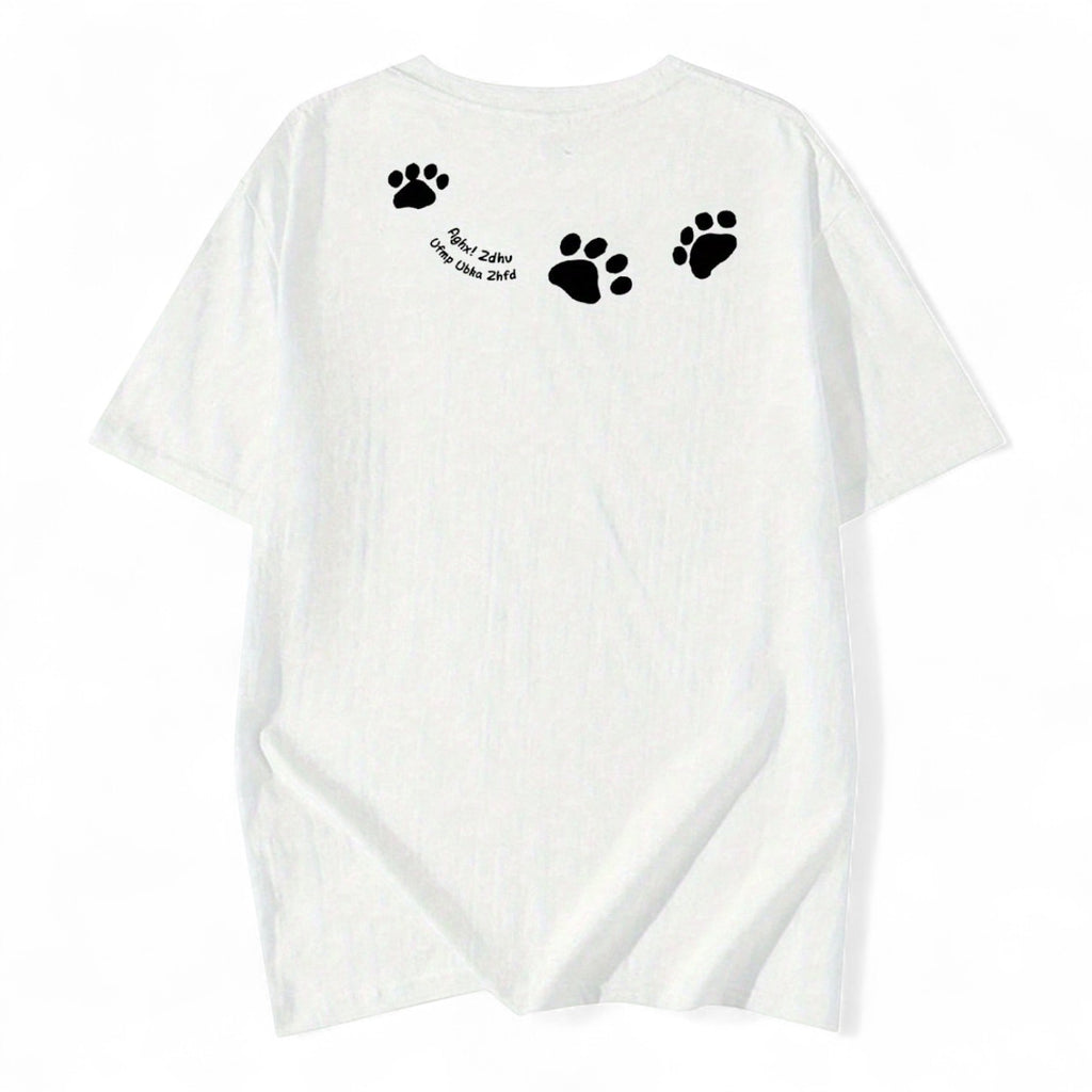 White Cartoon Paw Print T-Shirt – 100% Cotton Oversized Tee for Daily Casual Wear