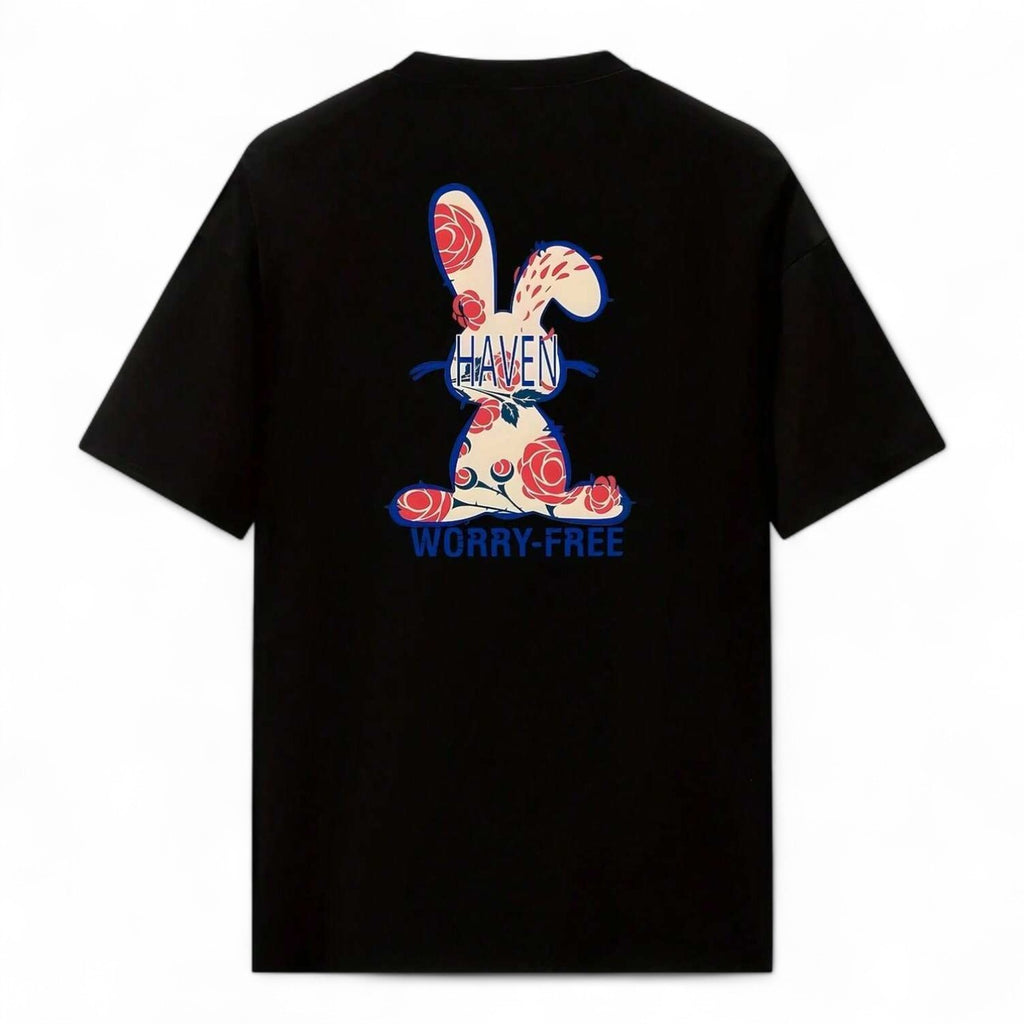 Worry-Free Bunny Graphic T-Shirt – Black Oversized Casual Tee