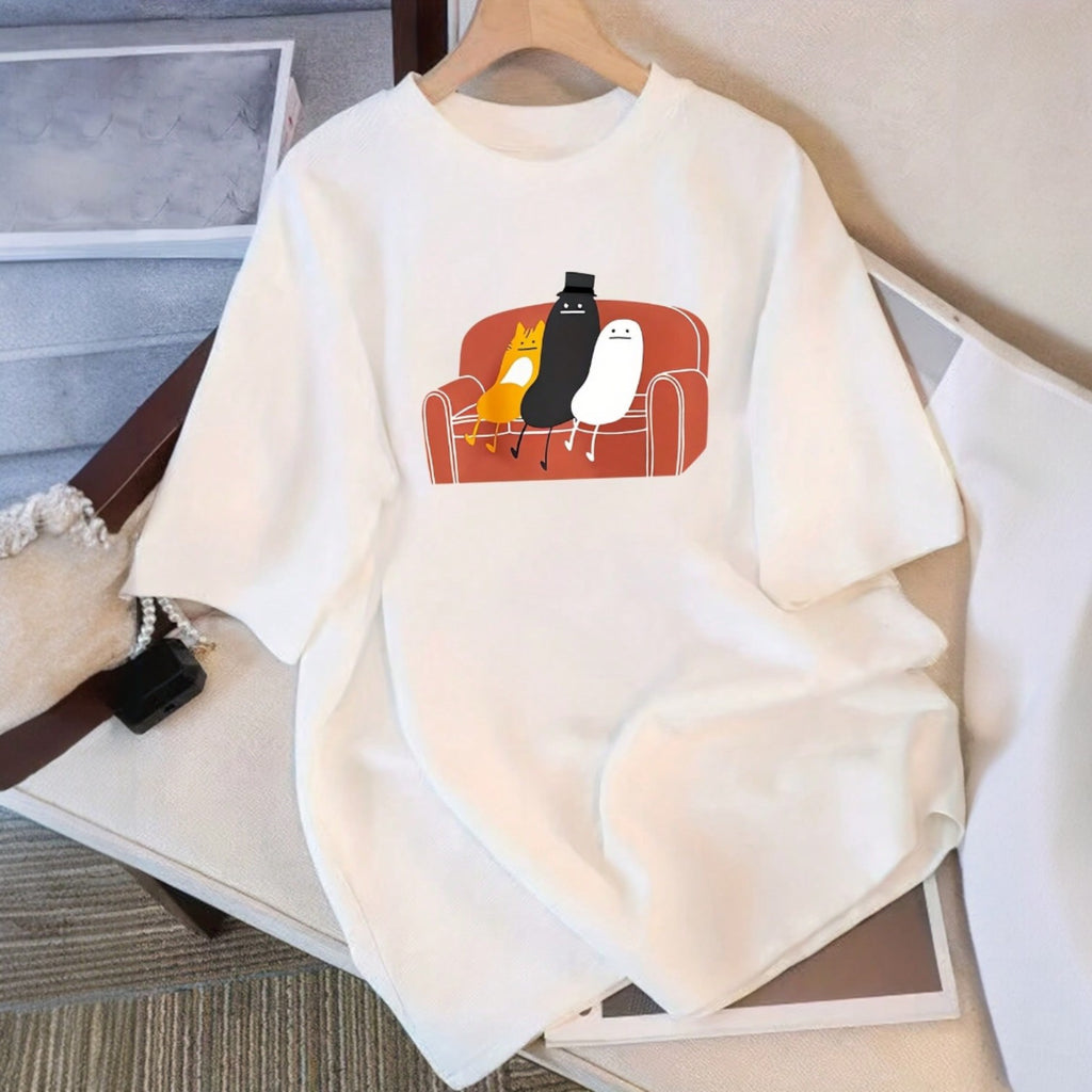 Cute Cartoon Sofa Print T-Shirt – Loose Fit 100% Cotton White Tee for Women & Teens