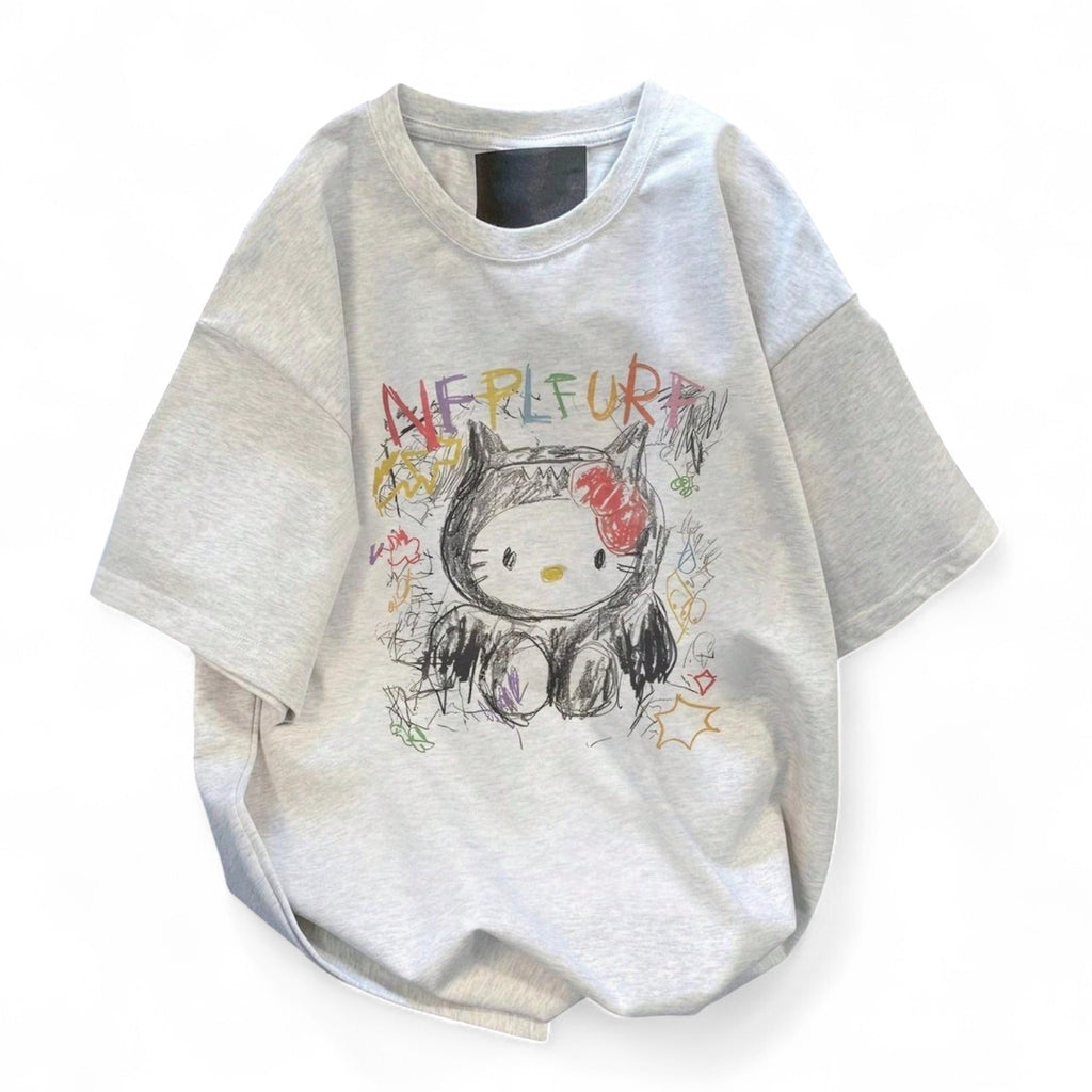 SKETCH HELLO KITTY BATWING TEE – GRAY JAPANESE STREETWEAR STYLE

