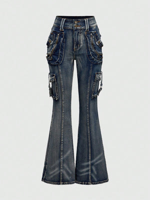 LOW-WAIST FLARE CARGO JEANS – Y2K JAPANESE STREETWEAR BOOTCUT DENIM