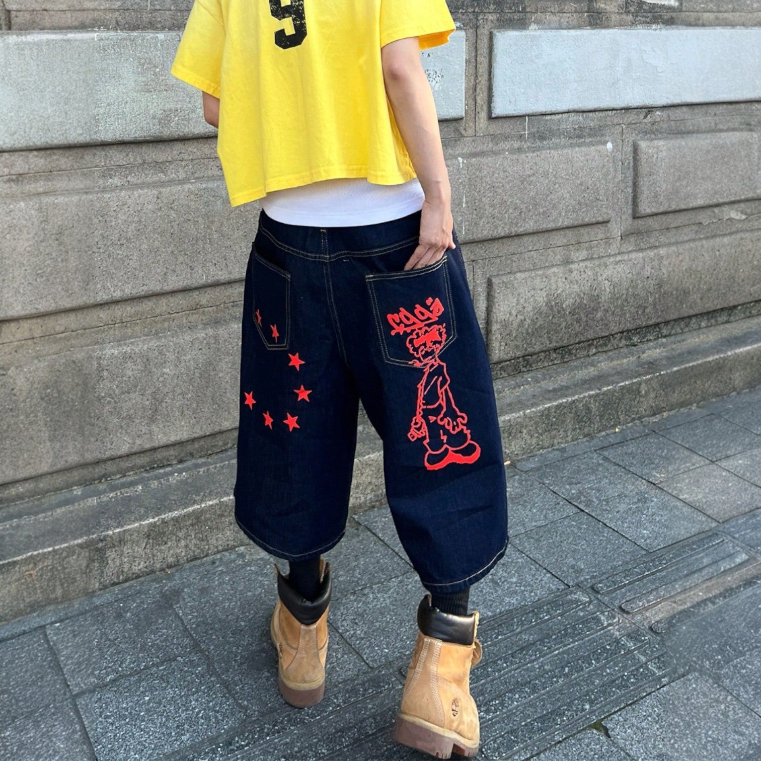 Blue denim Bermuda shorts with red cartoon graffiti and star graphics – Japanese hip-hop streetwear style