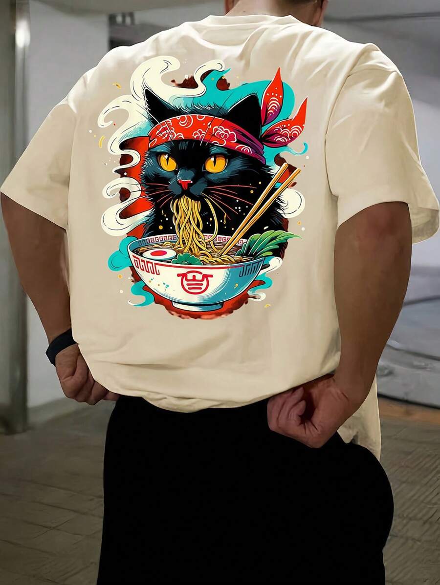 Apricot streetwear t-shirt with cartoon black cat eating ramen – anime graphic tee for spring summer
