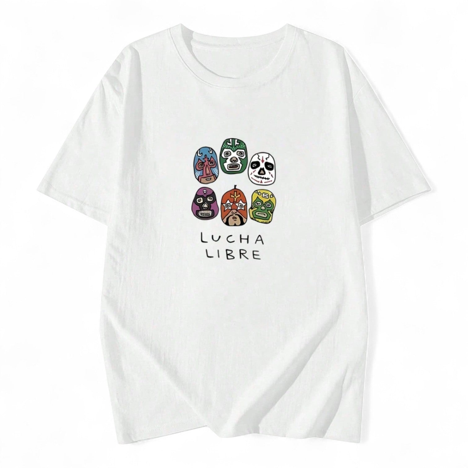 Lucha Libre Mask Cartoon T-Shirt – Fun Loose Fit Cotton Tee for Men & Women