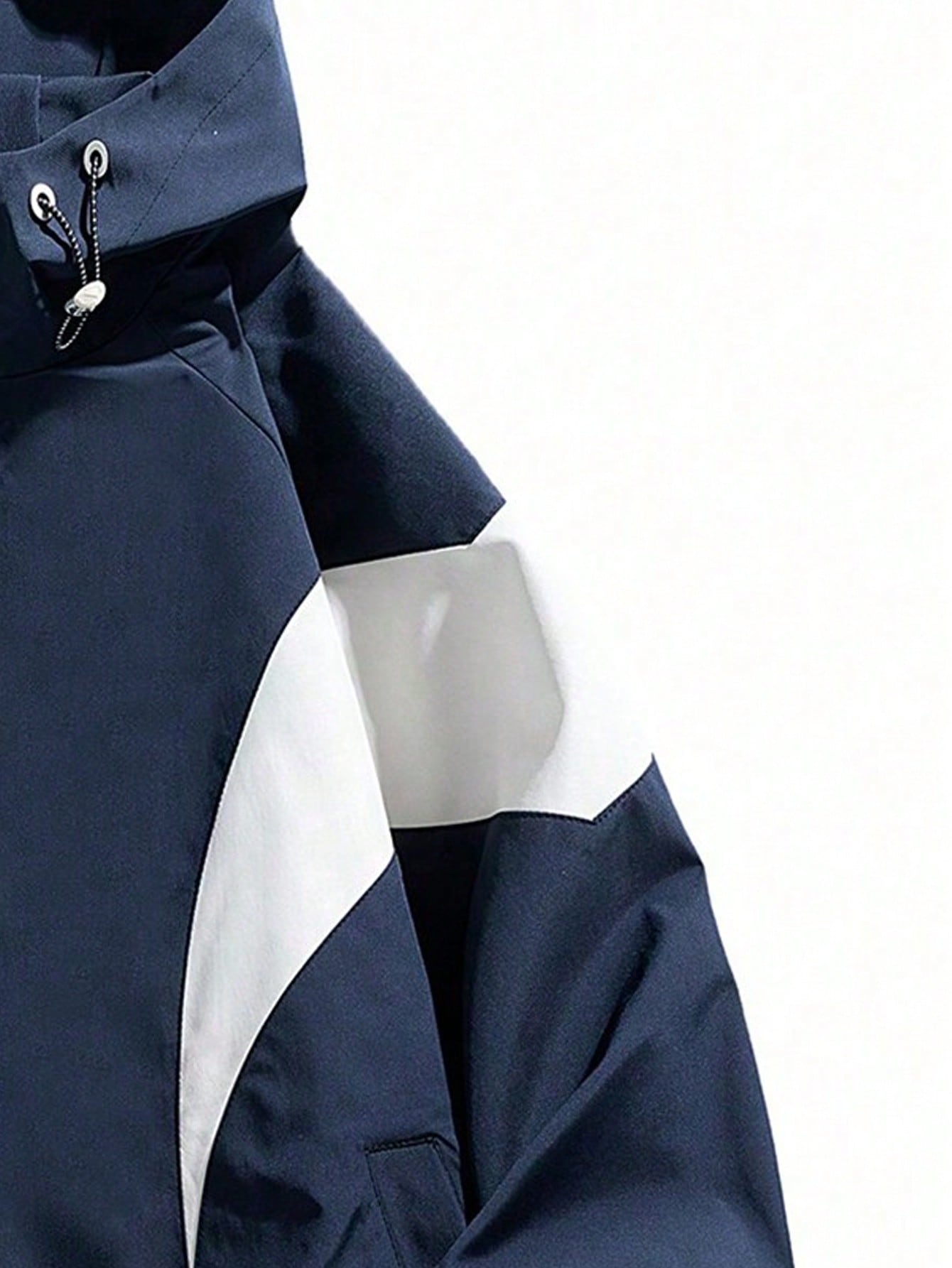 Japanese streetwear hooded windbreaker jacket in blue and white colorblock with zipper and drawstring