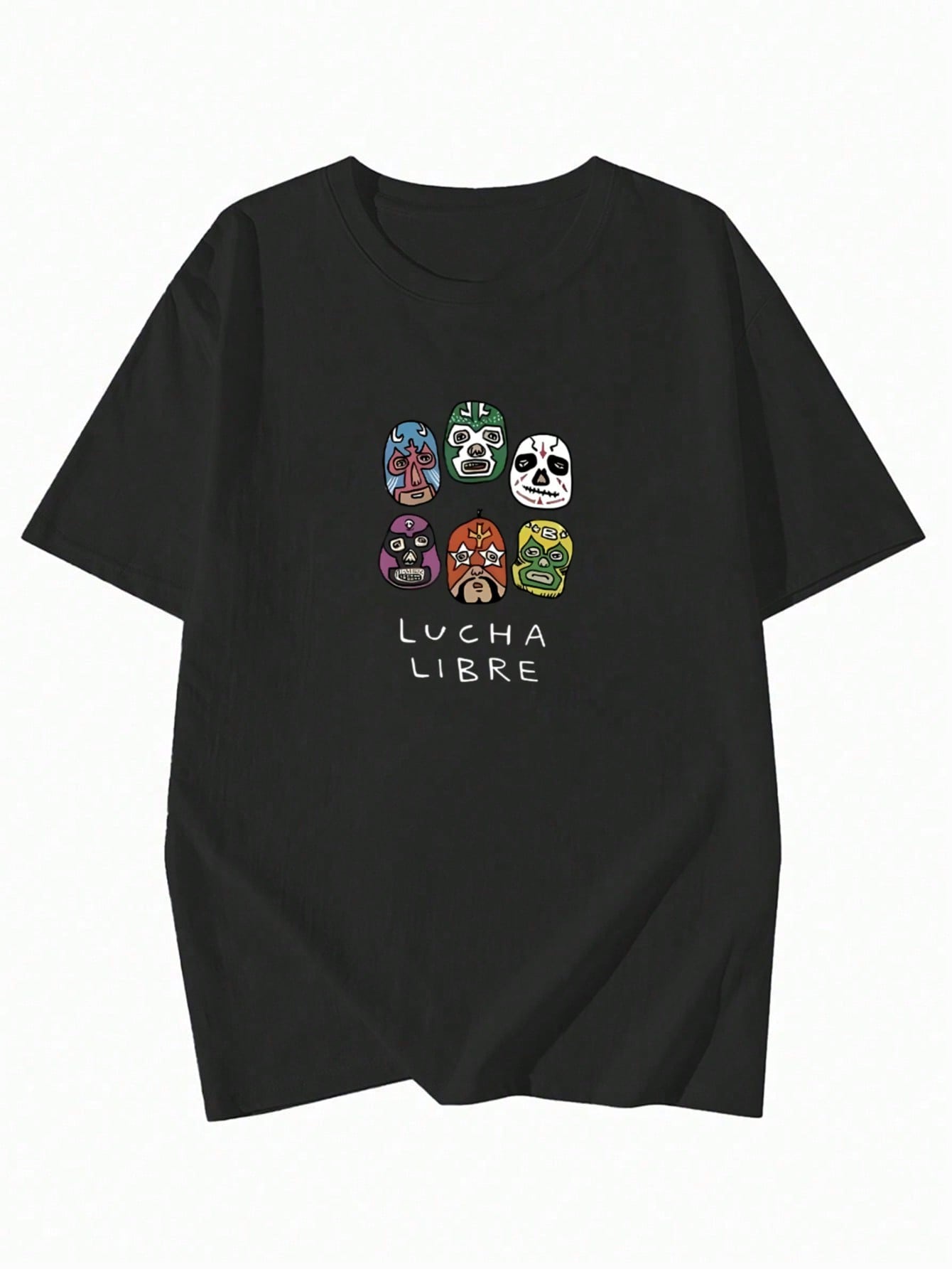 Lucha Libre Mask Cartoon T-Shirt – Fun Loose Fit Cotton Tee for Men & Women