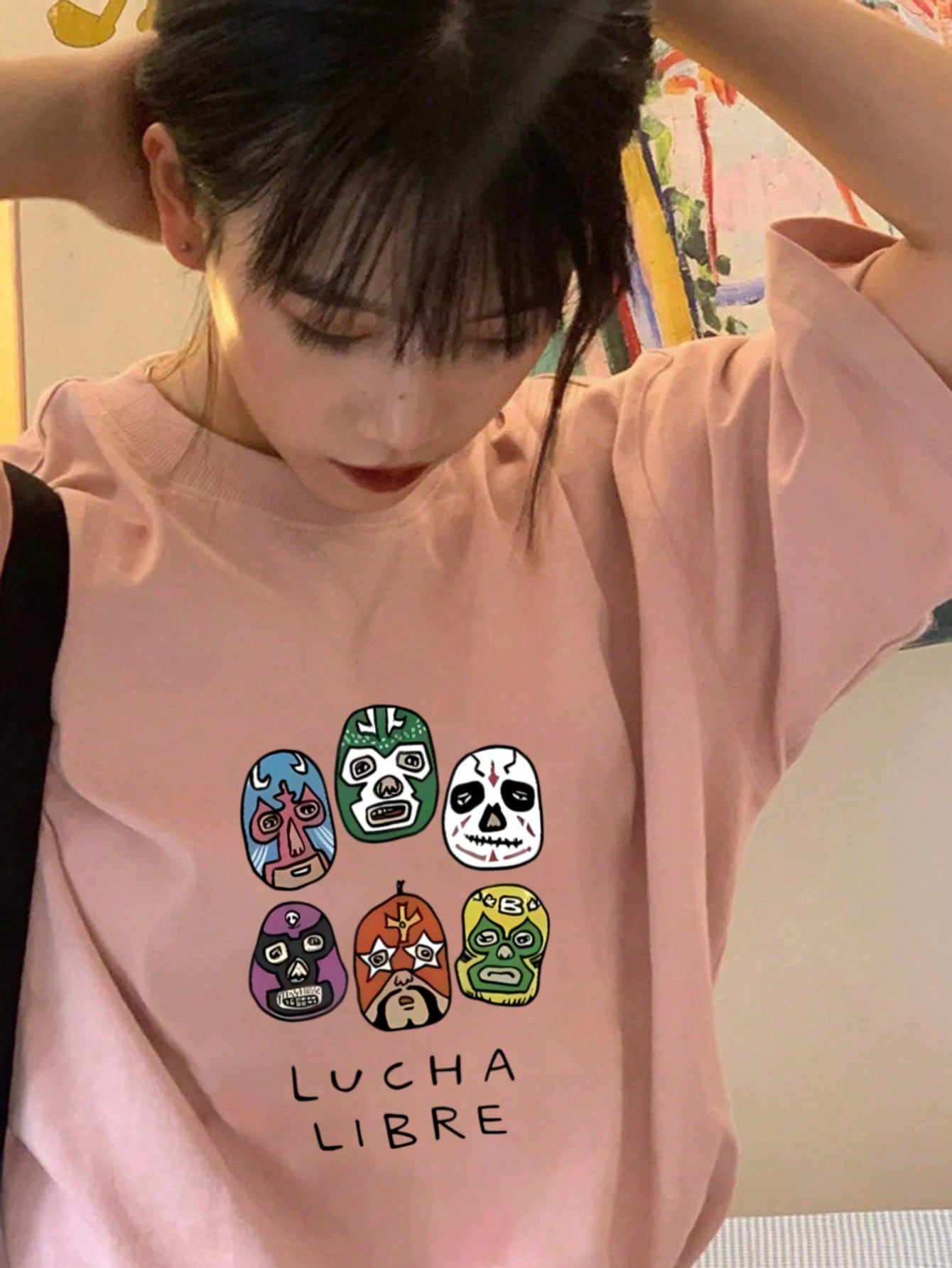 Lucha Libre Mask Cartoon T-Shirt – Fun Loose Fit Cotton Tee for Men & Women