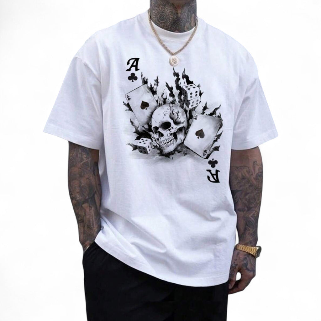 Japanese streetwear white T-shirt with skull, poker card, and dice graphic in gothic style