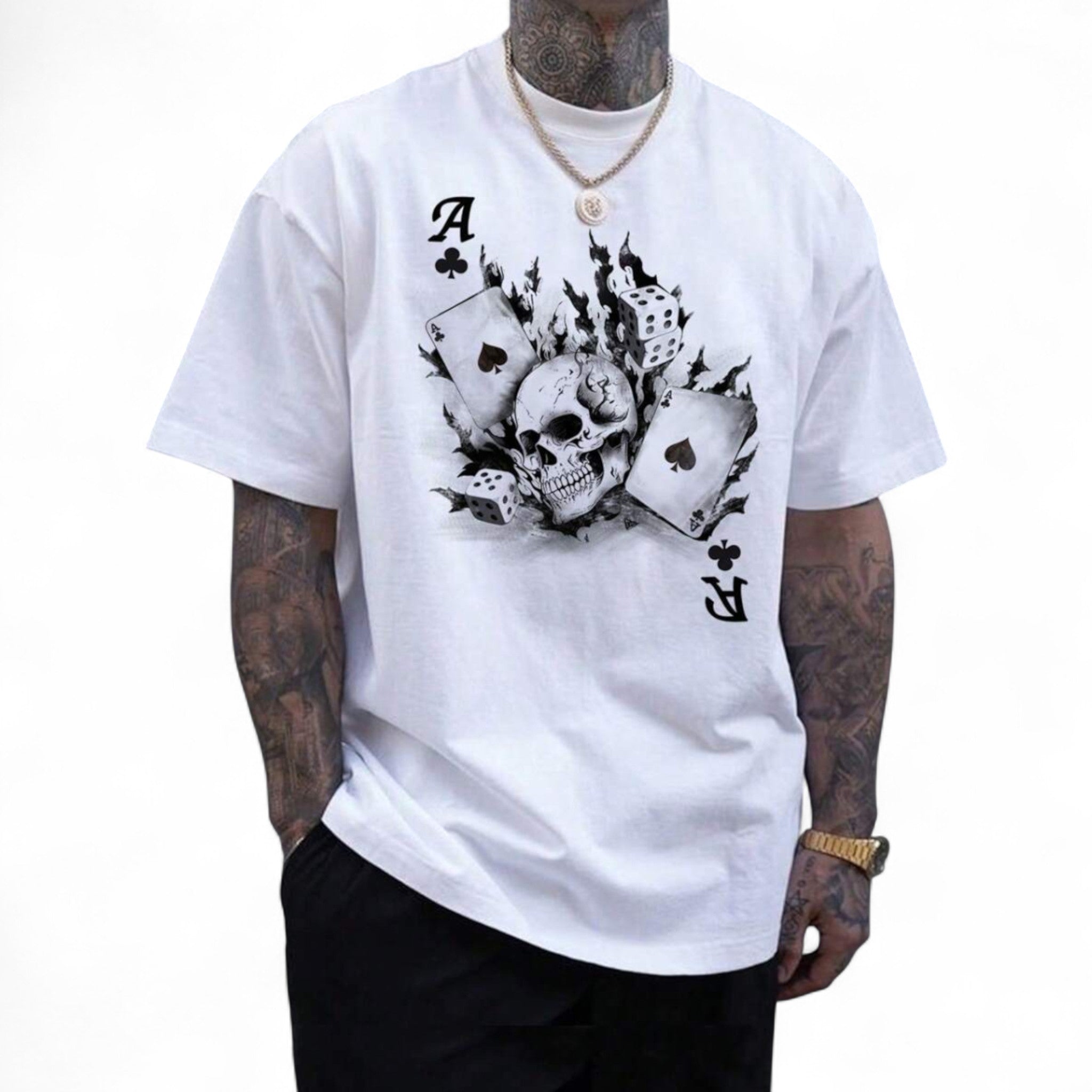 Japanese streetwear white T-shirt with skull, poker card, and dice graphic in gothic style