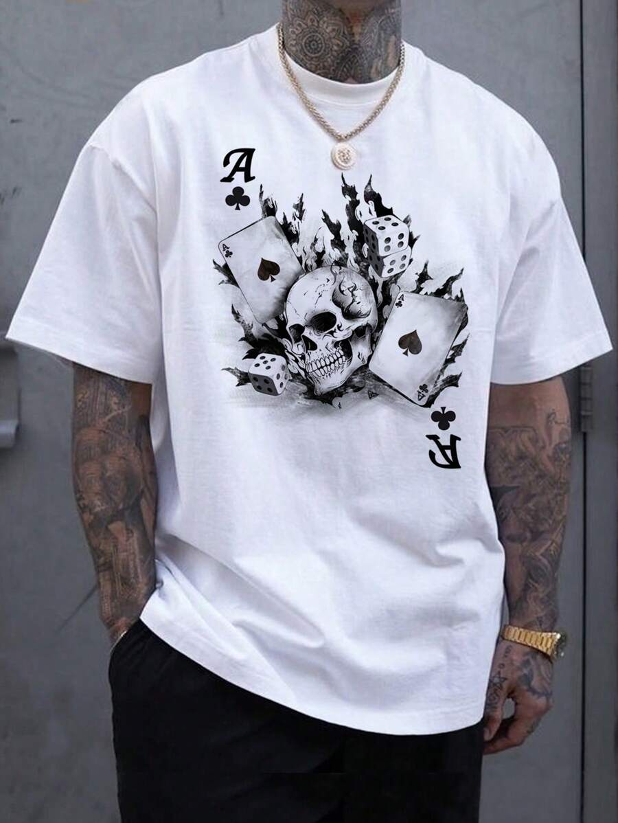 Japanese streetwear white T-shirt with skull, poker card, and dice graphic in gothic style