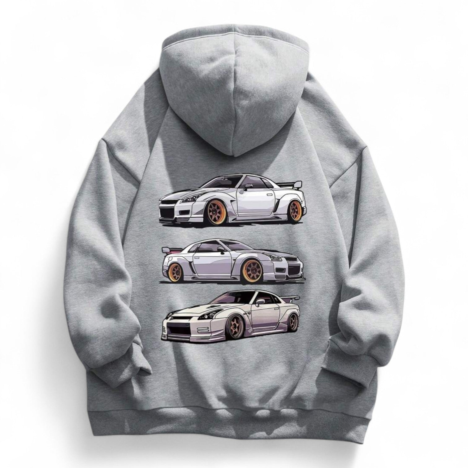 Grey hoodie with JDM car graphic print – Japanese streetwear pullover featuring sports cars