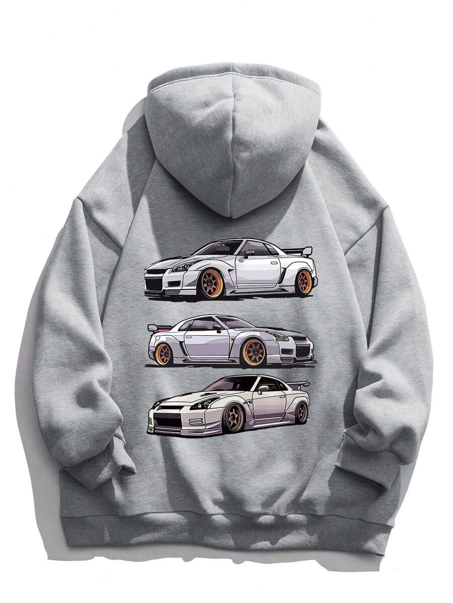 Grey hoodie with JDM car graphic print – Japanese streetwear pullover featuring sports cars