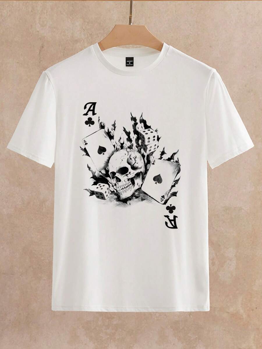 Japanese streetwear white T-shirt with skull, poker card, and dice graphic in gothic style