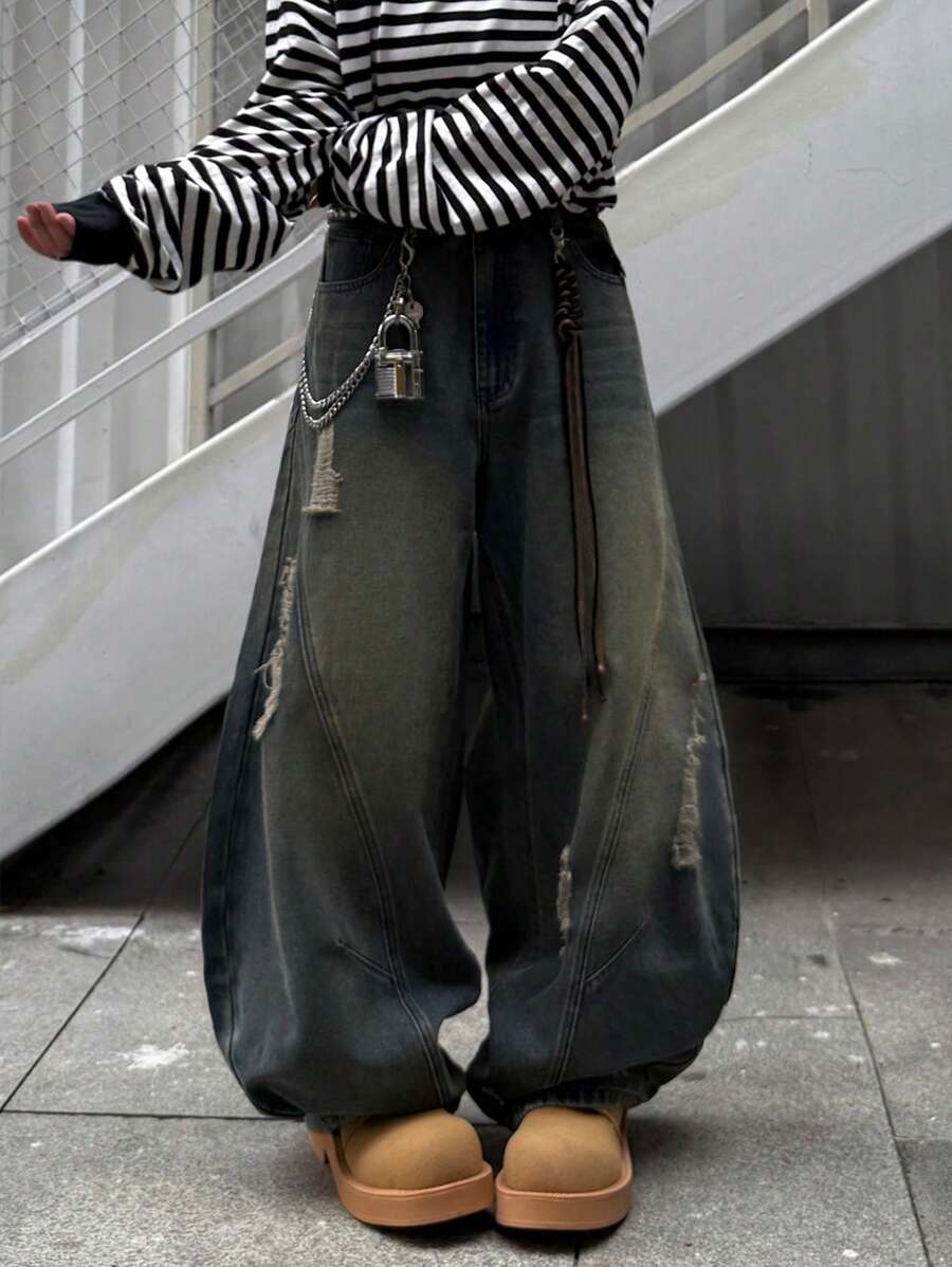 Japanese streetwear distressed wide leg jeans black oversized baggy denim pants Harajuku fashion