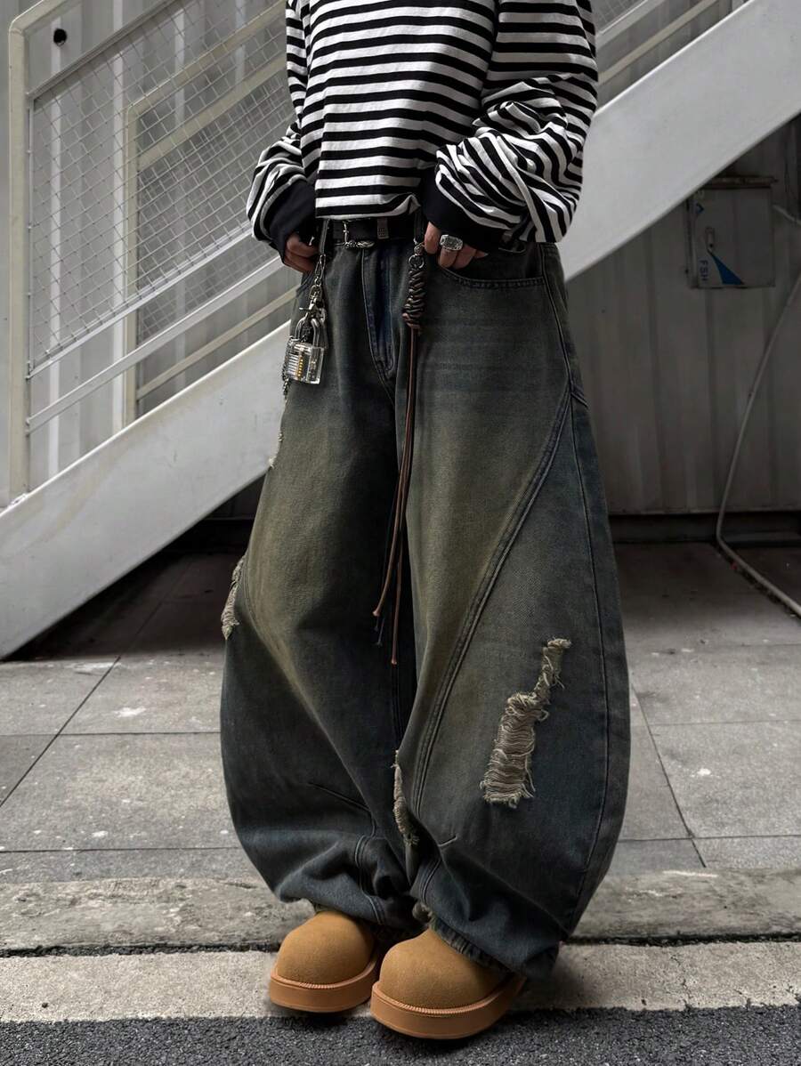 Japanese streetwear distressed wide leg jeans black oversized baggy denim pants Harajuku fashion