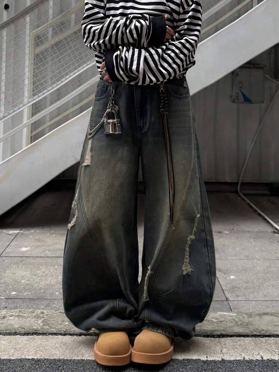 Japanese streetwear distressed wide leg jeans black oversized baggy denim pants Harajuku fashion